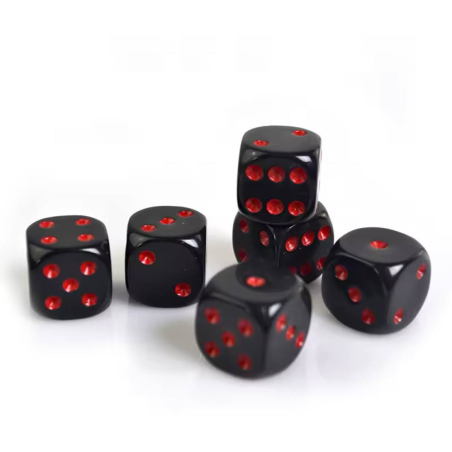 Set de dados negros con punto rojo